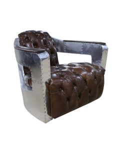 Aviator Chesterfield Buttoned Seat Distressed Vintage Brown Real Leather Armchair In Stock