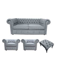 Chesterfield 2 Seater + 2 x Club chairs + Footstool Verity Plain Steel Grey Fabric Sofa Suite