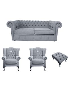 Chesterfield 2 Seater + 2 x Mallory Chair + Footstool Verity Plain Steel Grey Fabric Sofa Suite 