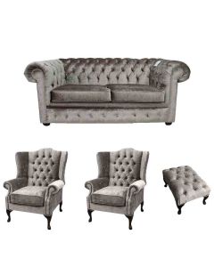 Chesterfield 2 Seater + 2 x Mallory Chair + Footstool Verity Silver Fabric Sofa Suite 