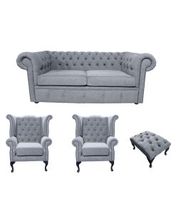 Chesterfield 2 Seater + 2 x Queen Anne Chairs + Footstool Verity Plain Steel Grey Fabric Sofa Suite 