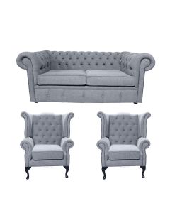 Chesterfield 2 Seater + 2 x Queen Anne Chairs Verity Plain Steel Grey Fabric Sofa Suite