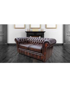 Chesterfield 2 Seater Antique Brown Leather Sofa Settee In Classic Style