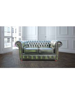 Chesterfield 2 Seater Antique Green Leather Sofa Settee In Classic Style