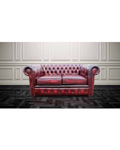 Chesterfield 2 Seater Antique Oxblood Red Leather Sofa Settee In Classic Style