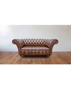Chesterfield 2 Seater Antique Tan Leather Button Seat Sofa Settee In Balmoral Style 
