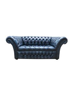 Chesterfield 2 Seater Buttoned Seat Sofa Antique Blue Leather DBB In Balmoral Style
