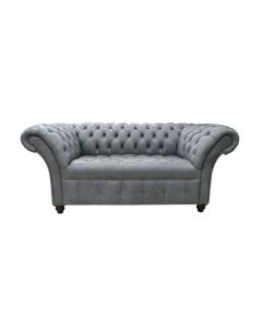 Chesterfield 2 Seater Buttoned Seat Sofa Vintage Cracked Wax Ash Grey Leather In Balmoral Style