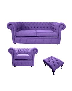 Chesterfield 2 Seater + Club Chair + Footstool Sofa Suite Verity Purple Fabric  