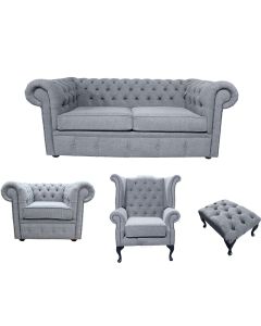 Chesterfield 2 Seater + Club Chair + Queen Anne Chair+Footstool Verity Plain Steel Grey Fabric Sofa Suite 
