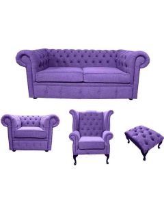 Chesterfield 2 Seater + Club Chair + Queen anne chair+Footstool Verity Purple Fabric Sofa Suite 