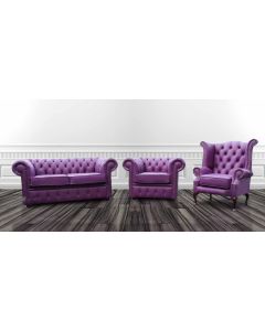 Chesterfield 2 Seater + Club Chair + Queen Anne Chair Shelly Wineberry Purple Leather Suite