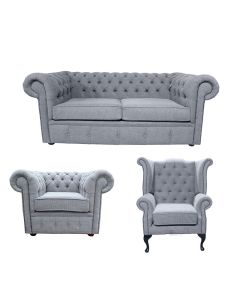 Chesterfield 2 Seater + Club Chair + Queen anne chair Verity Plain Steel Grey Fabric Sofa Suite