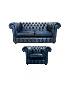Chesterfield 2 Seater + Club Chair Sofa Suite Antique blue Real Leather In Classic Style