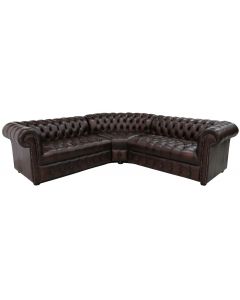 Chesterfield 2 Seater + Corner + 2 Seater Antique Brown Leather Buttoned Seat Corner Sofa In Classic Style