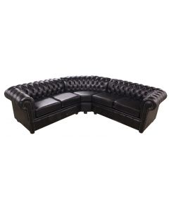 Chesterfield 2 Seater + Corner + 2 Seater Old English Black Leather Corner Sofa In Classic Style