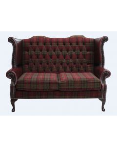 Chesterfield 2 Seater High Back Sofa Lana Terracotta Fabric Antique Oxblood Leather In Queen Anne Style