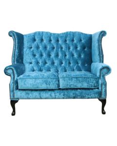 Chesterfield 2 Seater High Back Sofa Modena Peacock Blue Velvet Fabric In Queen Anne Style