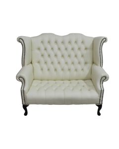 Chesterfield 2 Seater High Back Sofa Shelly Cream Leather Bespoke In Queen Anne Style