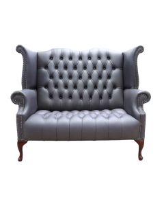 Chesterfield 2 Seater High Back Wing Chair Sofa Burnt Oak Leather In Queen Anne Style