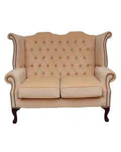 Chesterfield 2 Seater High Back Wing Sofa Chair Velluto Vanilla Fabric In Queen Anne Style  