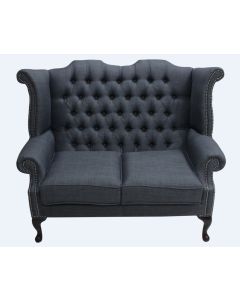 Chesterfield 2 Seater High Back Wing Sofa Charles Charcoal Grey Linen Fabric In Queen Anne Style