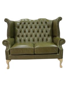 Chesterfield 2 Seater High Back Wing Sofa Old English Olive Green Leather In Queen Anne Style