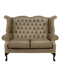 Chesterfield 2 Seater High Back Wing Sofa Old English Parchment Leather In Queen Anne Style