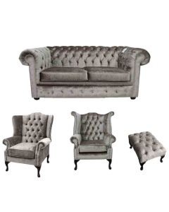 Chesterfield 2 Seater +Mallory Chair +Queen Anne Chair + Footstool Verity Silver Fabric Sofa Suite