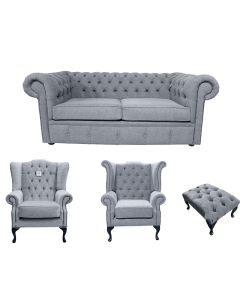 Chesterfield 2 Seater +Mallory Chair +Queen Anne Chair + Footstool Verity Steel Grey Fabric Sofa Suite