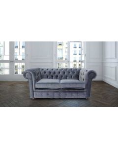 Chesterfield 2 Seater Sofa Malta Grey Blue Piping Velvet Fabric In Classic Style