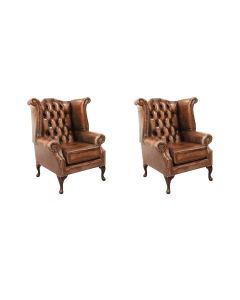 Chesterfield 2 x Chairs Antique Tan Leather Sofa Suite In Queen Anne Style