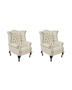 Chesterfield 2 x Chairs Cottonseed Cream Leather Chairs Offer In Queen Anne Style