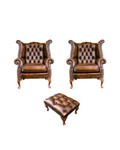 Chesterfield 2 x Chairs+Footstool Antique Gold Leather Chairs Offer In Queen Anne Style