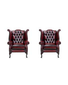 Chesterfield 2 x High Back Chairs Antique Oxblood Leather Bespoke In Queen Anne Style