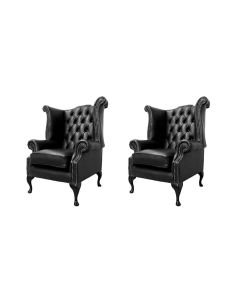 Chesterfield 2 x High Back Chairs Old English Black Leather Bespoke In Queen Anne Style