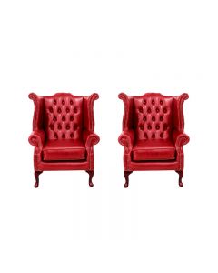 Chesterfield 2 x High Back Chairs Old English Gamay Red Leather Bespoke In Queen Anne Style