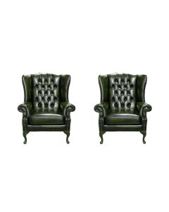 Chesterfield 2 x Wing Chair Antique Green Leather Bespoke In Mallory Style