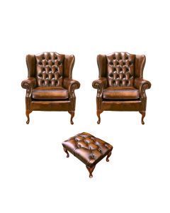 Chesterfield 2 x Wing Chair + Footstool Antique Gold Leather In Mallory Style