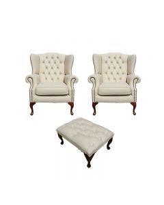 Chesterfield 2 x Wing Chair + Footstool Ivory Leather In Mallory Style