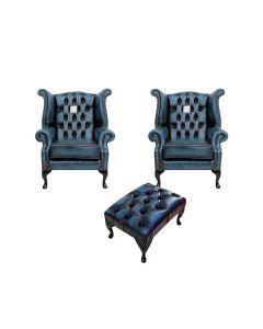 Chesterfield 2 x Wing Chairs +­ Footstool Antique Blue Leather In Queen Anne Style