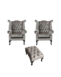 Chesterfield 2 x Wing Chairs + Footstool Boutique Beige Velvet In Queen Anne Style
