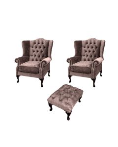 Chesterfield 2 x Wing Chairs + Footstool Harmony Charcoal Velvet In Mallory Style