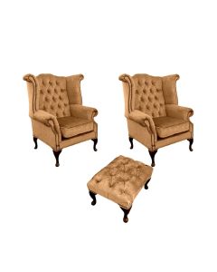 Chesterfield 2 x Wing Chairs + Footstool Harmony Gold Velvet In Queen Anne Style