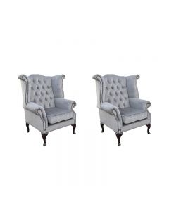 Chesterfield 2 x Wing Chairs Perla Illusions Grey Velvet Fabric In Queen Anne Style