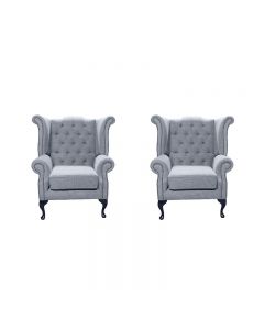 Chesterfield 2 x Wing Chairs Verity Plain Steel Fabric Bespoke In Queen Anne Style