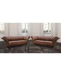 Chesterfield 3+2 Seater Antique Tan Leather Sofa Suite In Balmoral Style  