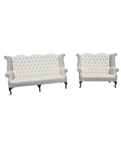 Chesterfield 3 + 2 Seater High Back Wing Chair Cottonseed Cream Leather Sofa Suite In Queen Anne Style