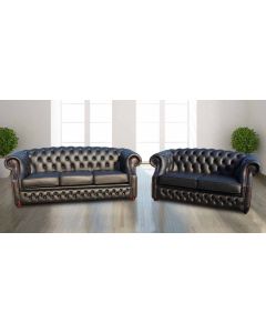 Chesterfield 3+2 Seater Shelly Black Leather Sofa Suite Bespoke In Buckingham Style