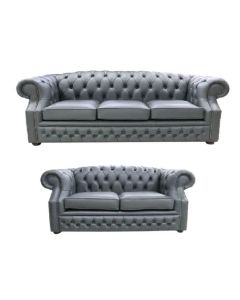 Chesterfield 3+2 Seater Vele Charcoal Grey Leather Sofa Suite In Buckingham Style